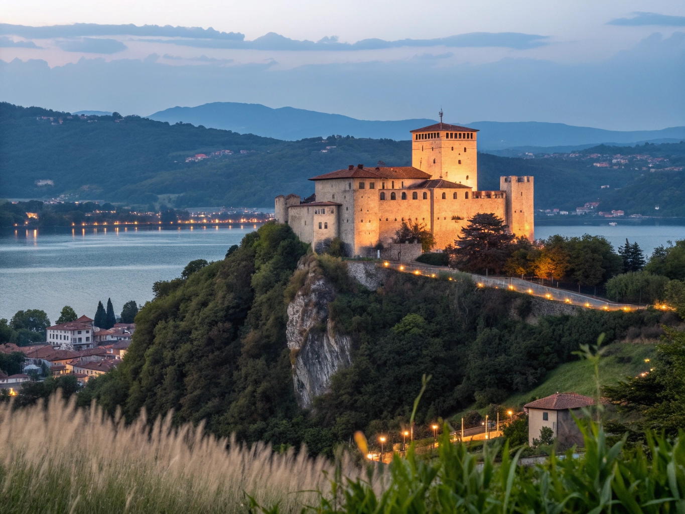 Castello sul lago tramonto